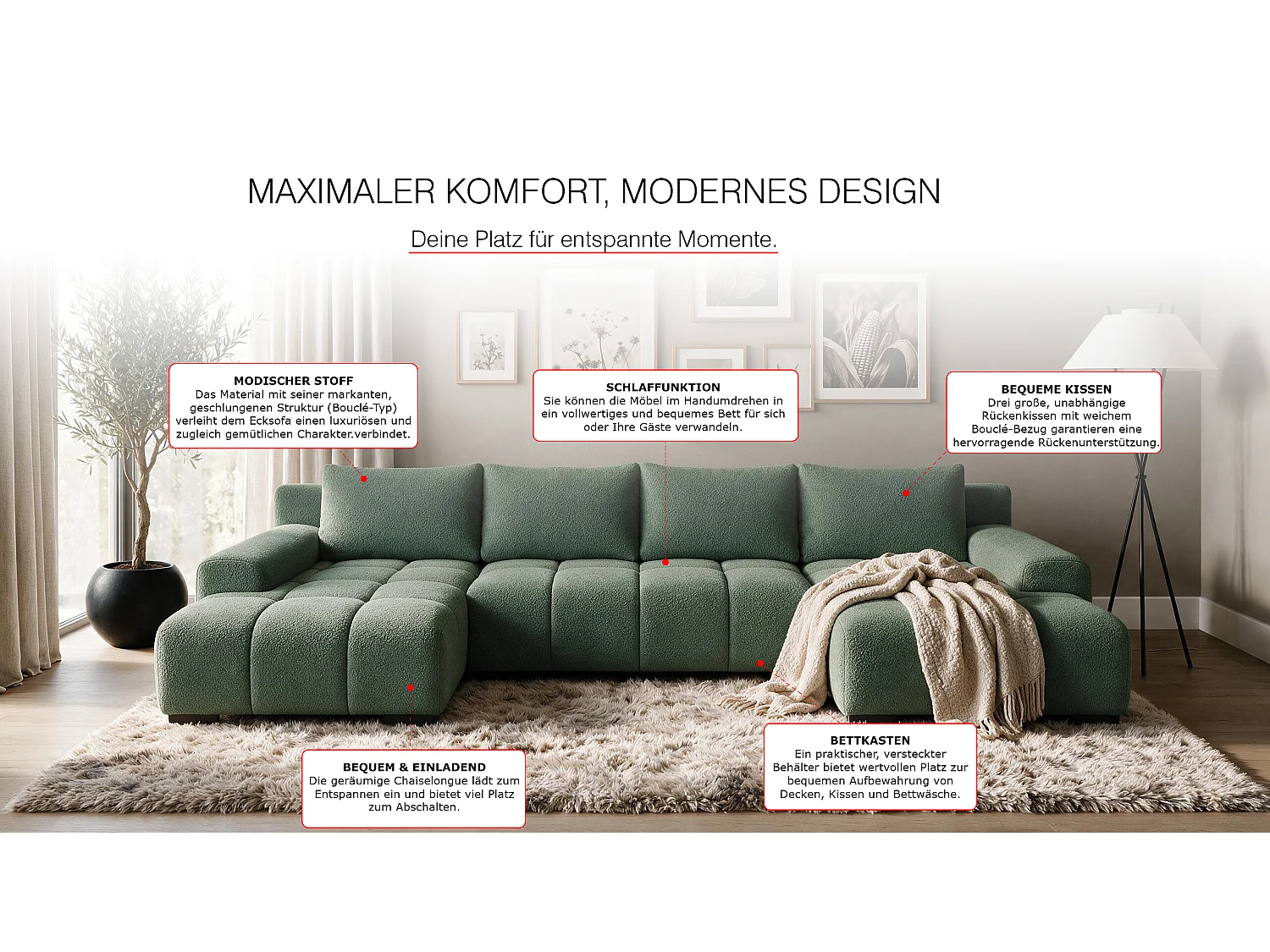 WOHNLANDSCHAFT OVIA U mit Bettkasten und Schlaffunktion, Bouclé-Stoff in U-Form