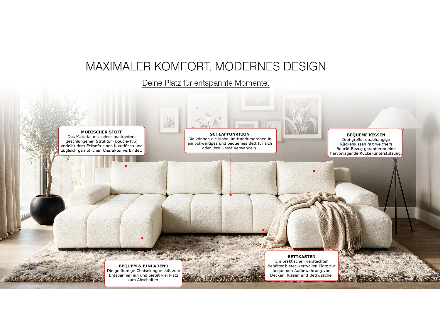 WOHNLANDSCHAFT OVIA U mit Bettkasten und Schlaffunktion, Bouclé-Stoff in U-Form