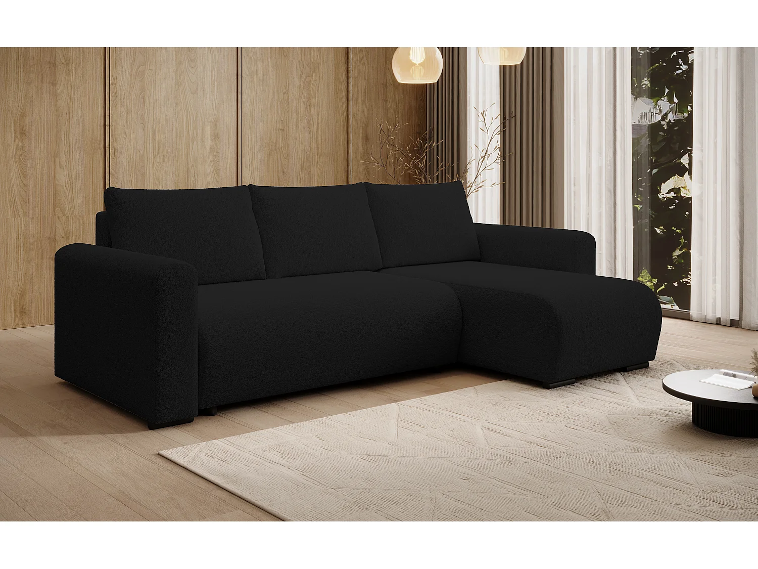 ECKSOFA DORA L, Eckcouch in L-Form mit Schlaffunktion und Bettkasten, Farbe: Schwarz, Bouclé-Stoff, Ottomane Rechts