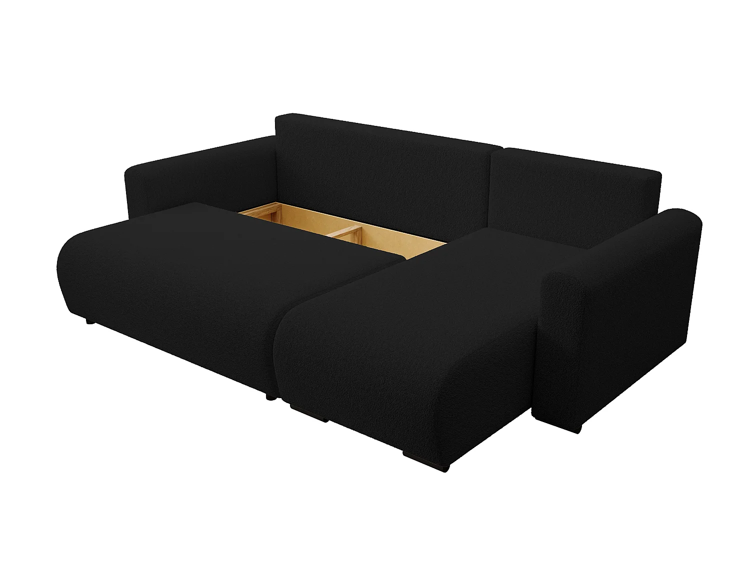 ECKSOFA DORA L, Eckcouch in L-Form mit Schlaffunktion und Bettkasten, Farbe: Schwarz, Bouclé-Stoff, Ottomane Rechts