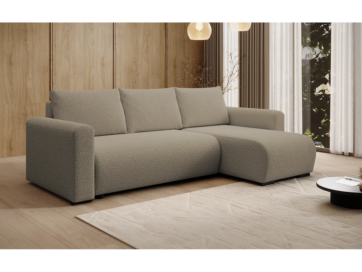 ECKSOFA DORA L, Eckcouch in L-Form mit Schlaffunktion und Bettkasten, Farbe: Hellbraun, Bouclé-Stoff, Ottomane Rechts