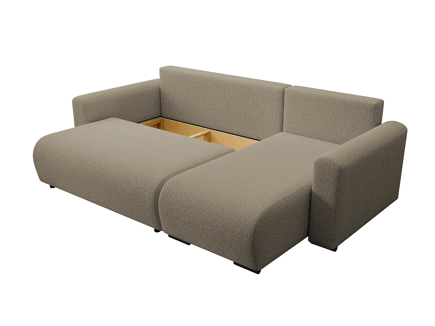 ECKSOFA DORA L, Eckcouch in L-Form mit Schlaffunktion und Bettkasten, Farbe: Hellbraun, Bouclé-Stoff, Ottomane Rechts