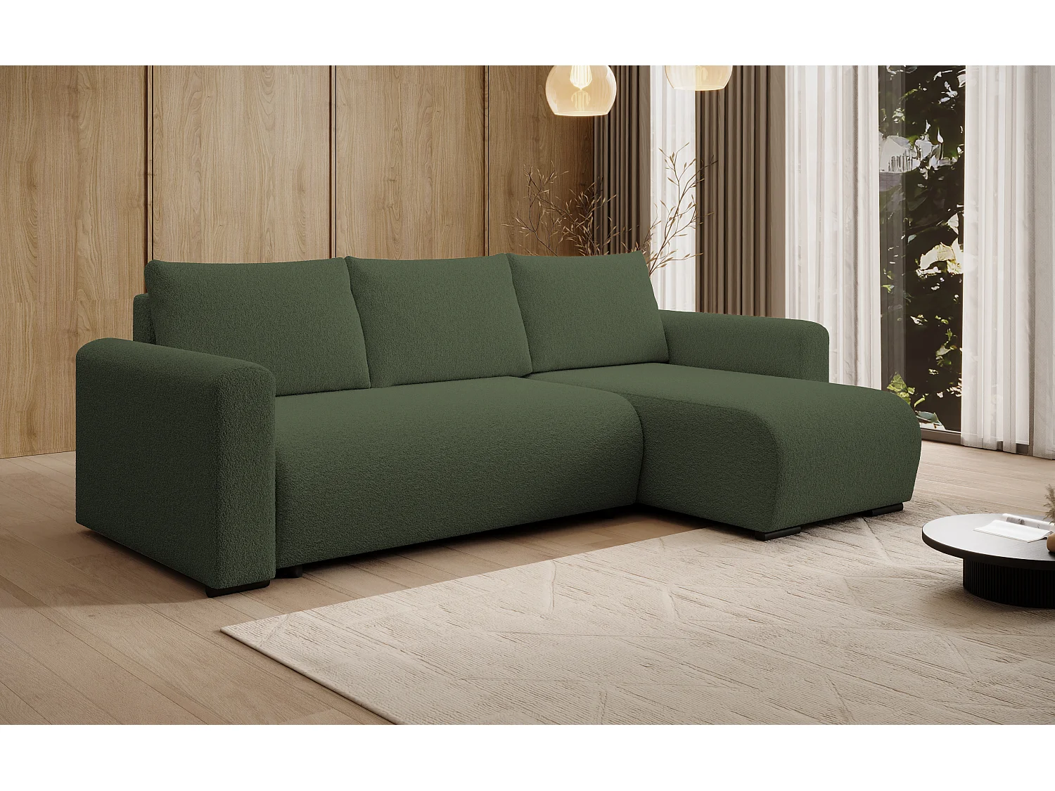 ECKSOFA DORA L, Eckcouch in L-Form mit Schlaffunktion und Bettkasten, Farbe: Grün, Bouclé-Stoff, Ottomane Rechts