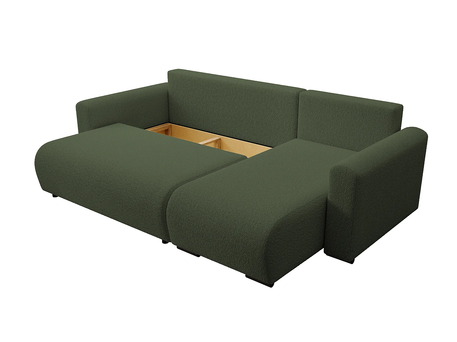ECKSOFA DORA L, Eckcouch in L-Form mit Schlaffunktion und Bettkasten, Farbe: Grün, Bouclé-Stoff, Ottomane Rechts