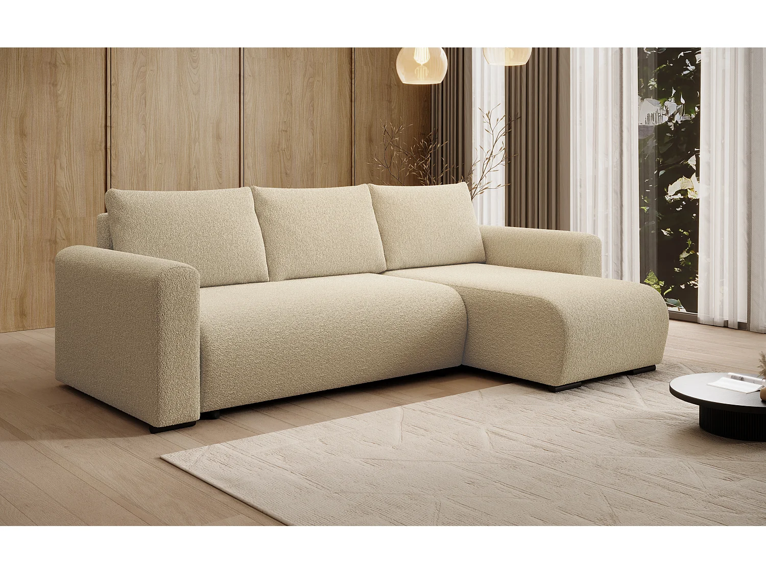 ECKSOFA DORA L, Eckcouch in L-Form mit Schlaffunktion und Bettkasten, Farbe: Creme, Bouclé-Stoff, Ottomane Rechts
