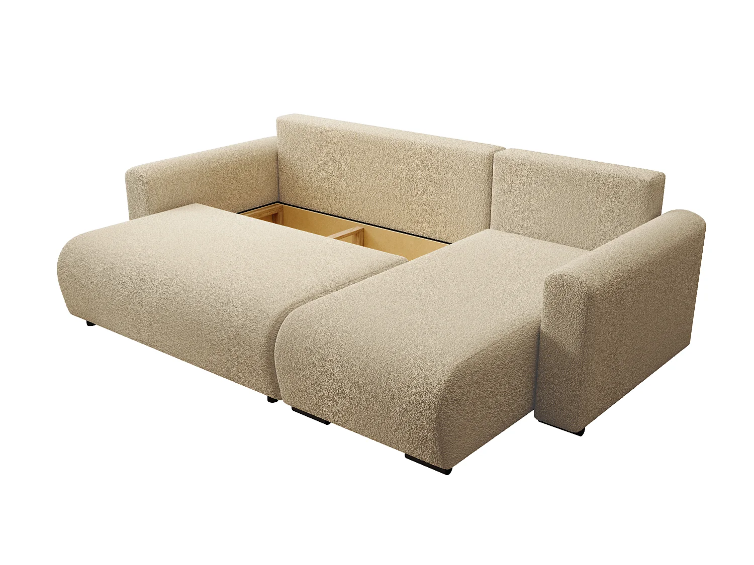 ECKSOFA DORA L, Eckcouch in L-Form mit Schlaffunktion und Bettkasten, Farbe: Creme, Bouclé-Stoff, Ottomane Rechts