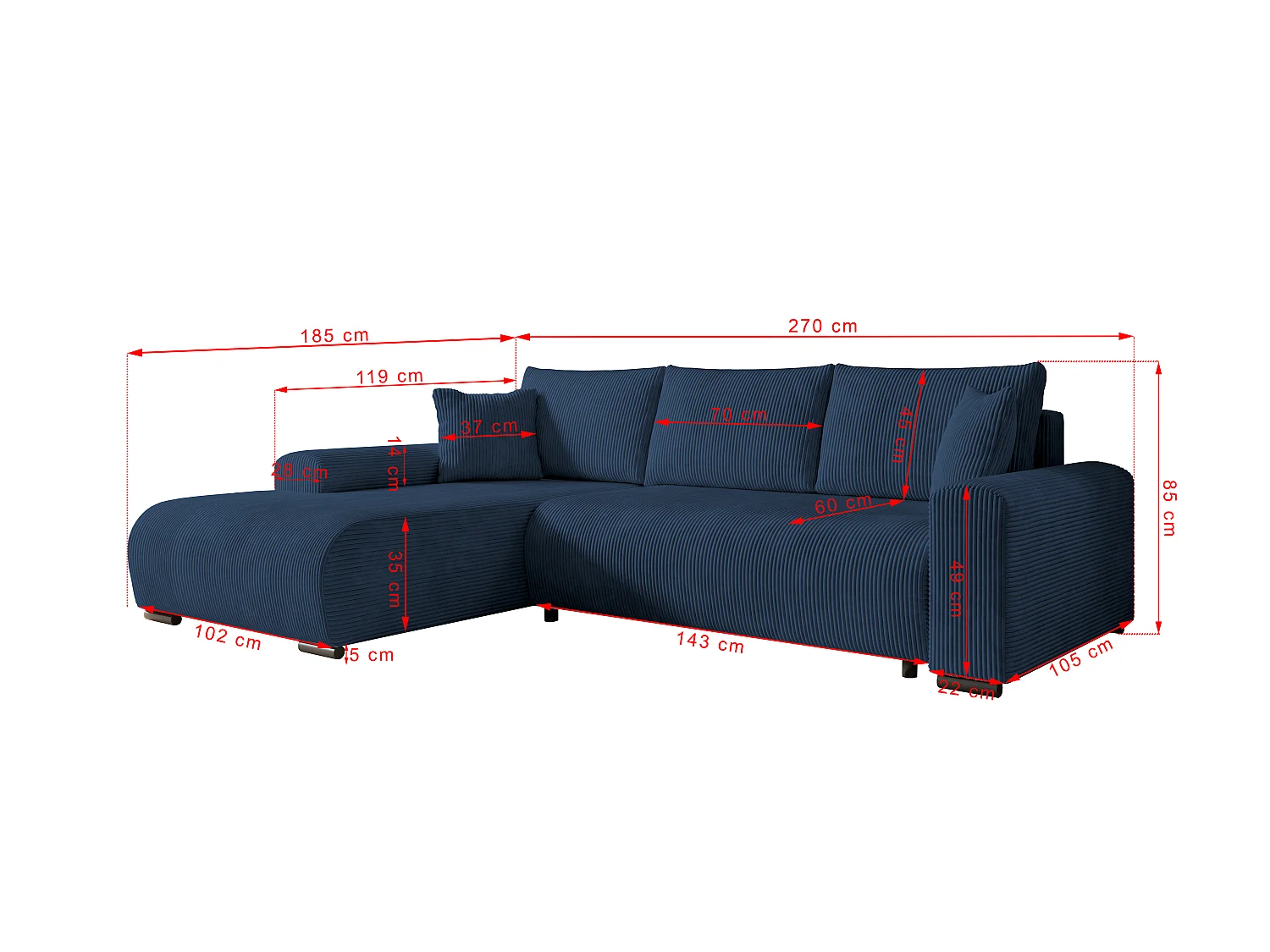 ECKSOFA Nelly mit Bettkasten und Schlaffunktion, Cordstoff in L-Form