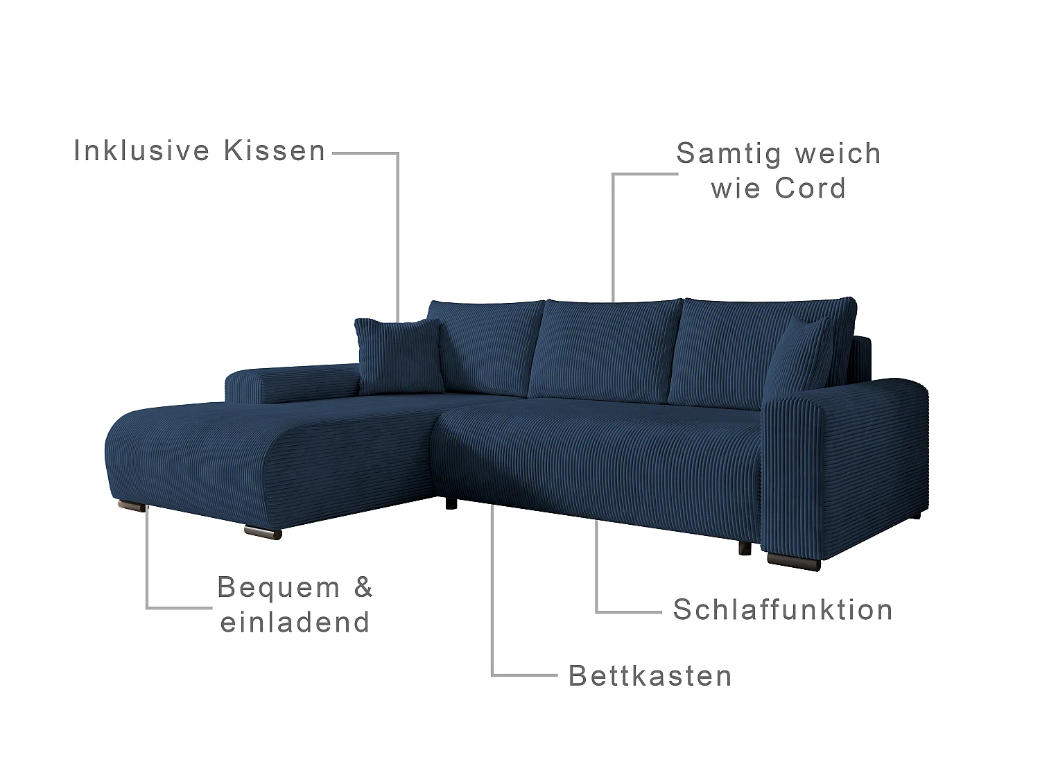ECKSOFA Nelly mit Bettkasten und Schlaffunktion, Cordstoff in L-Form