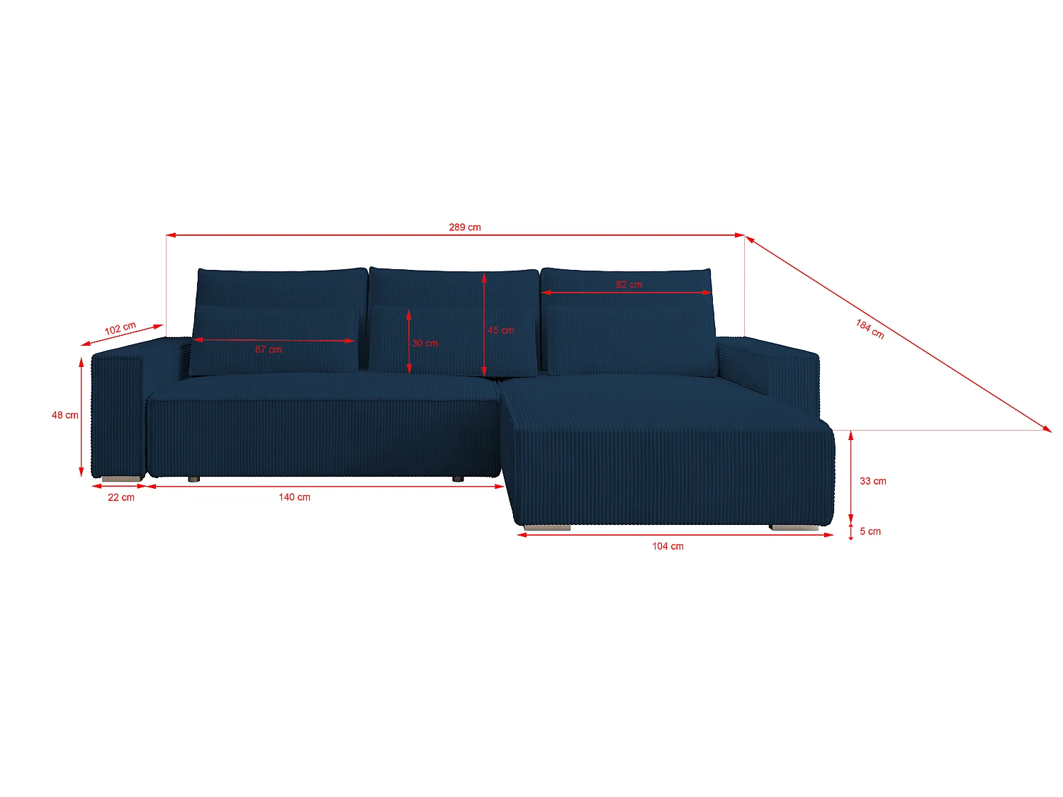 ECKSOFA Alice mit Bettkasten und Schlaffunktion, Cordstoff in L-Form