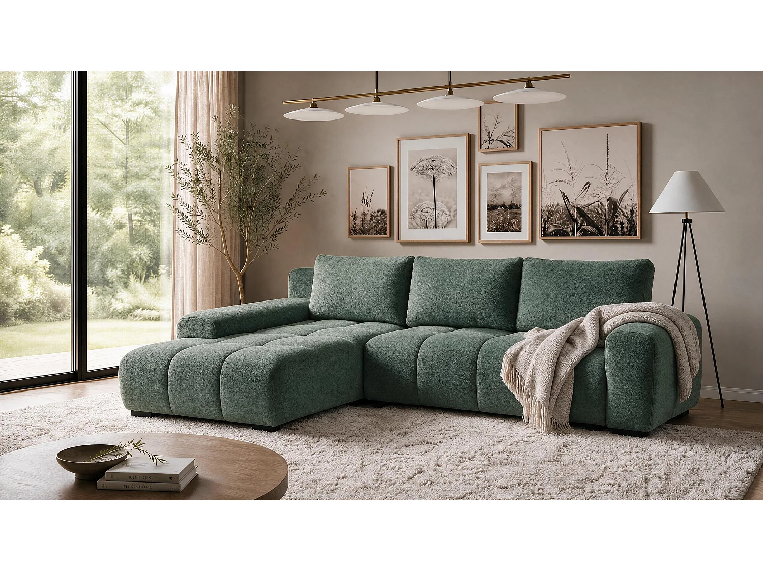 ECKSOFA Ovia mit Bettkasten und Schlaffunktion, Bouclé-Stoff in L-Form