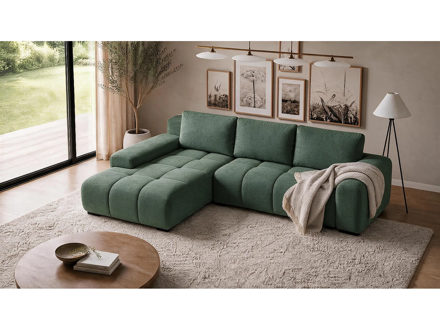ECKSOFA Ovia mit Bettkasten und Schlaffunktion, Bouclé-Stoff in L-Form