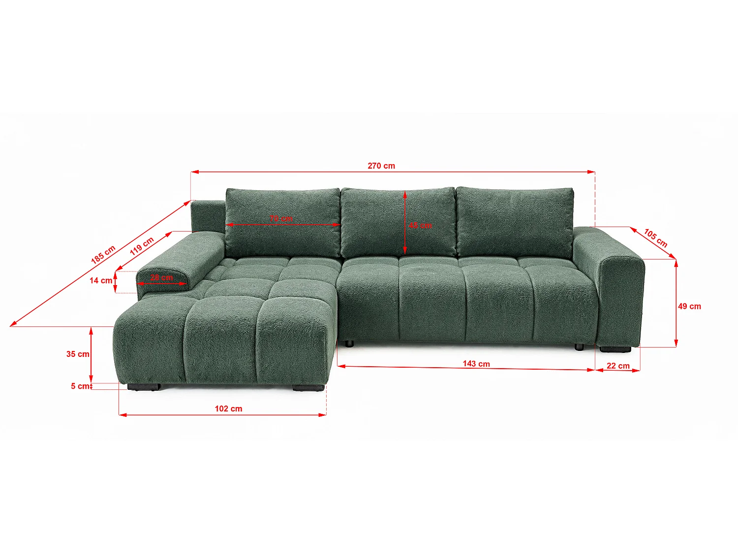 ECKSOFA Ovia mit Bettkasten und Schlaffunktion, Bouclé-Stoff in L-Form