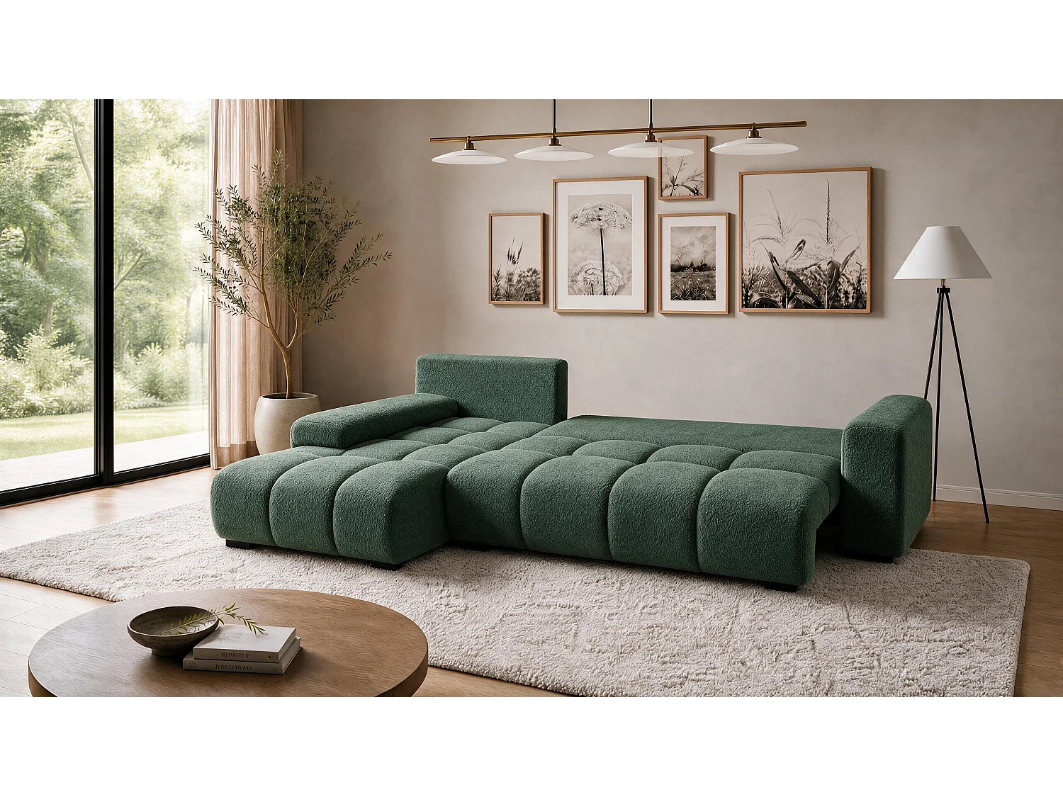 ECKSOFA Ovia mit Bettkasten und Schlaffunktion, Bouclé-Stoff in L-Form