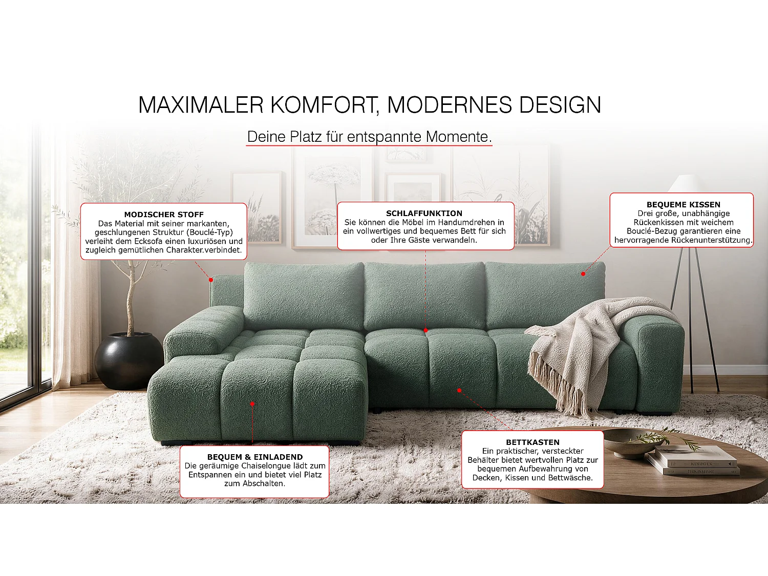 ECKSOFA Ovia mit Bettkasten und Schlaffunktion, Bouclé-Stoff in L-Form
