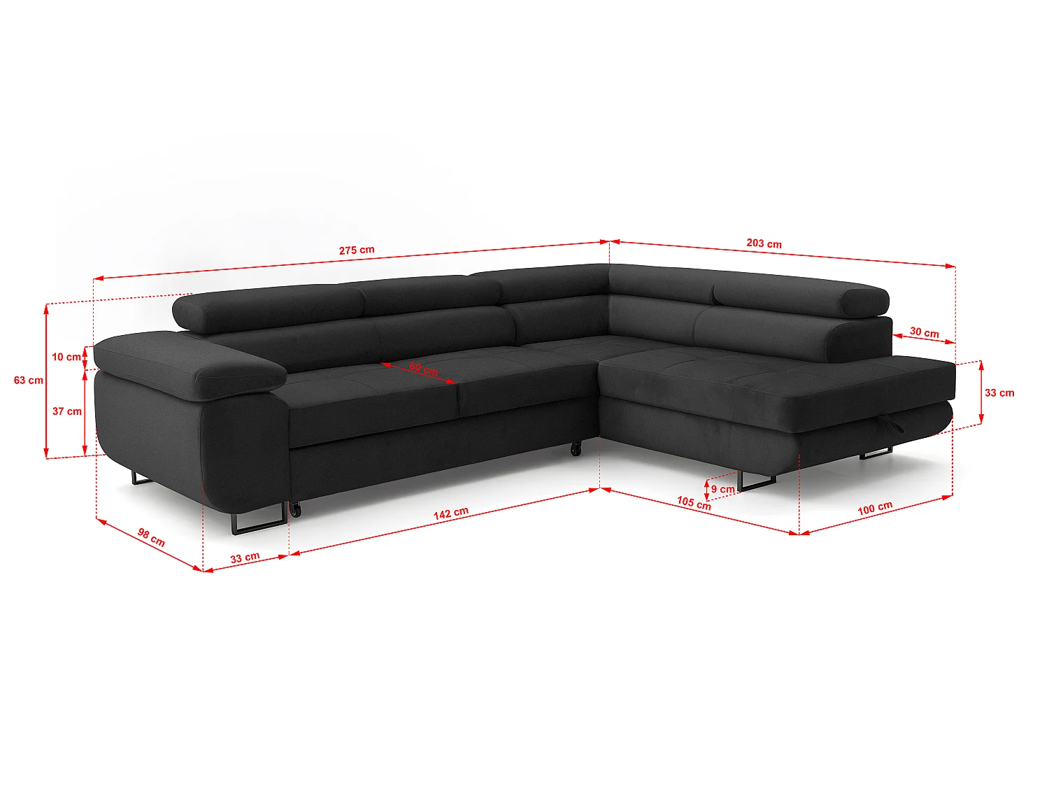 ECKSOFA Velmo mit Bettkasten und Schlaffunktion, verstellbaren Kopfstützen, in L-Form