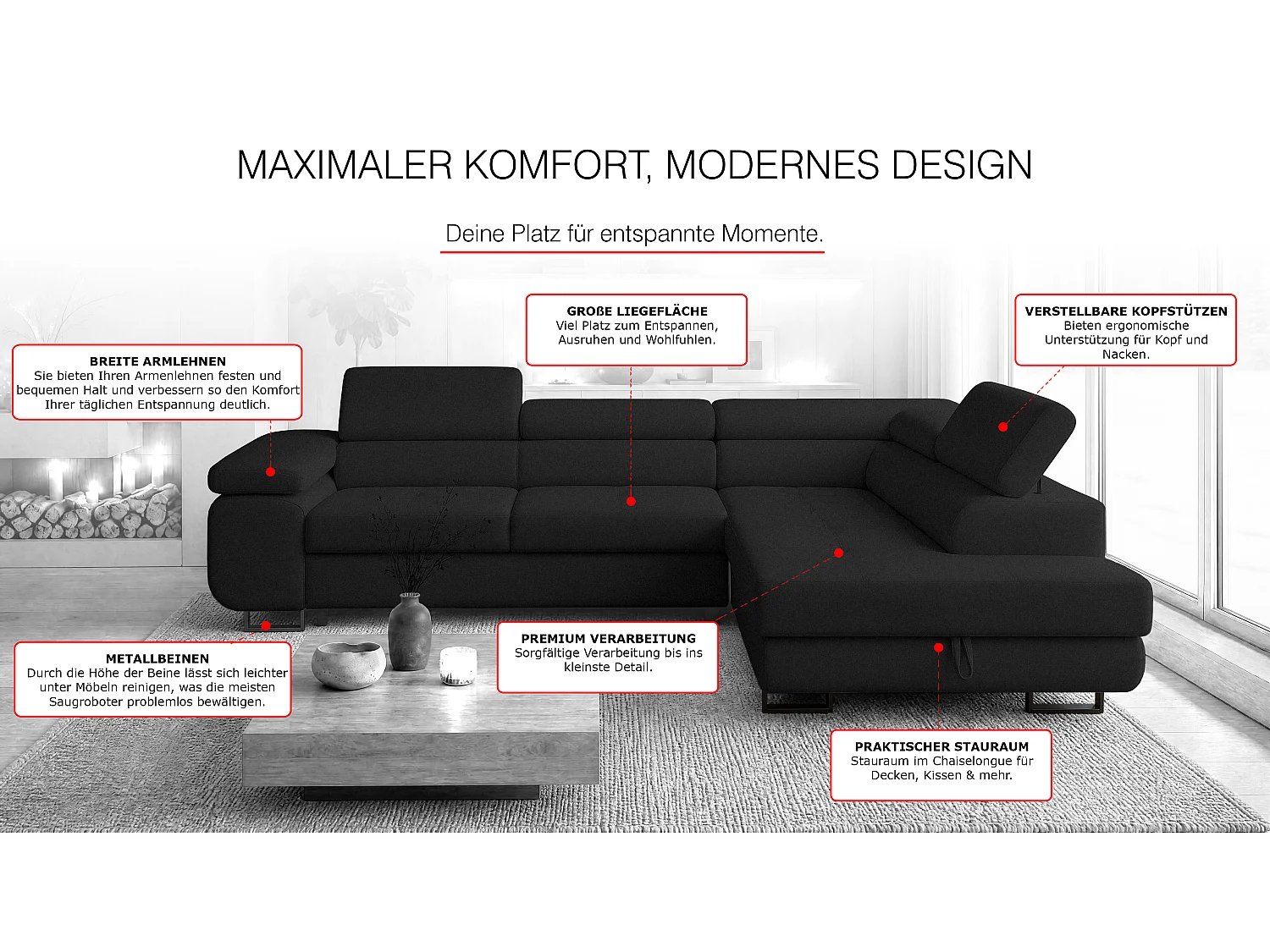 ECKSOFA Velmo mit Bettkasten und Schlaffunktion, verstellbaren Kopfstützen, in L-Form
