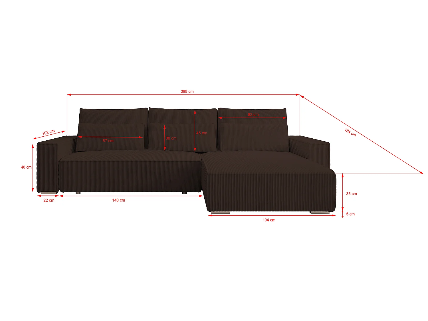 ECKSOFA Alice mit Bettkasten und Schlaffunktion, Cordstoff in L-Form