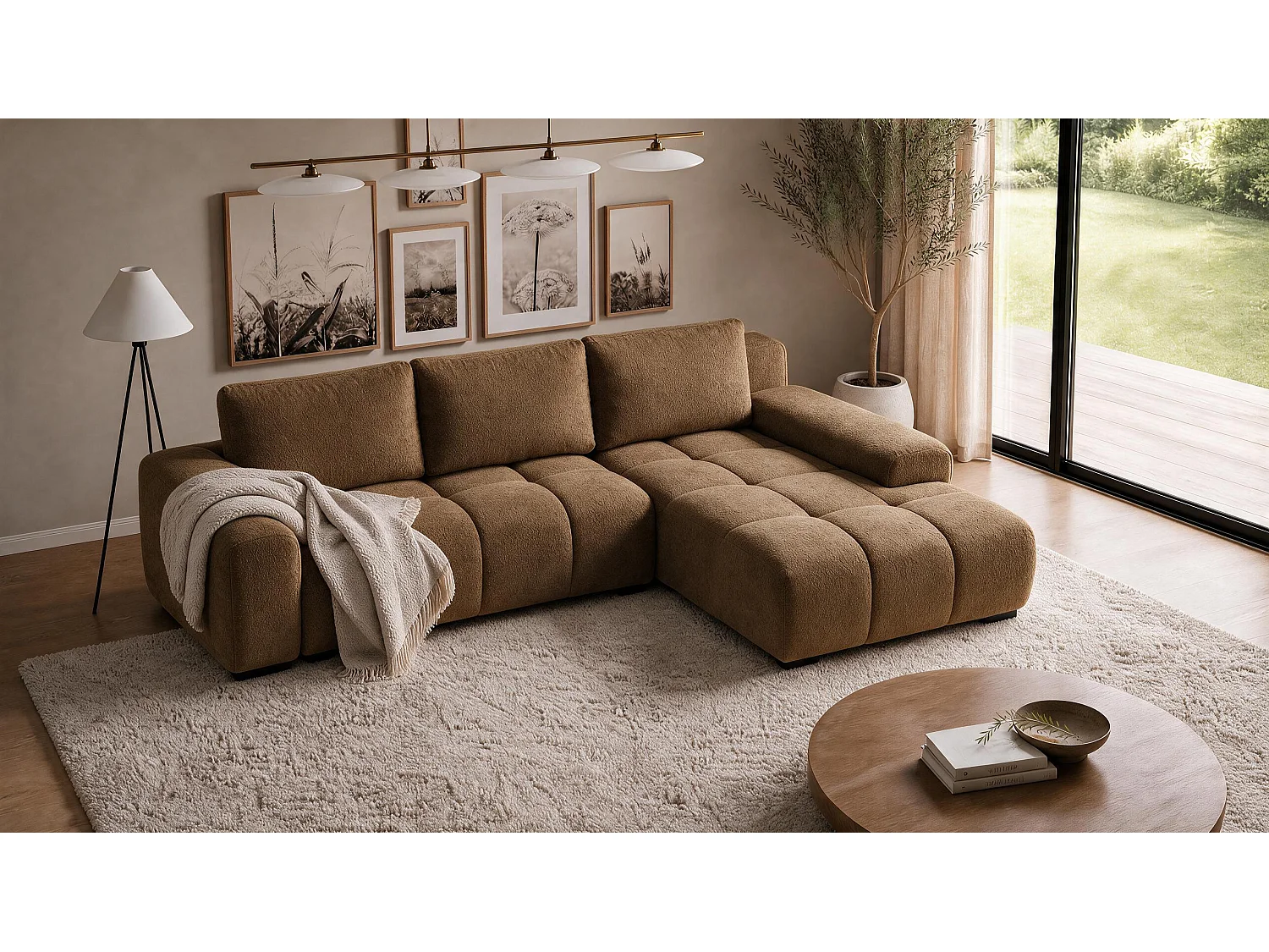 ECKSOFA Ovia mit Bettkasten und Schlaffunktion, Bouclé-Stoff in L-Form