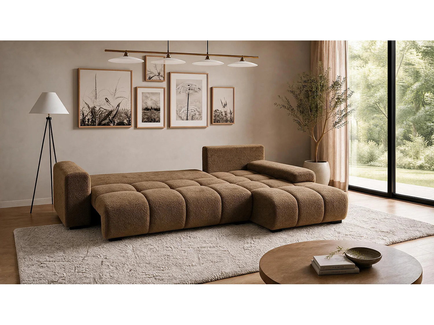 ECKSOFA Ovia mit Bettkasten und Schlaffunktion, Bouclé-Stoff in L-Form