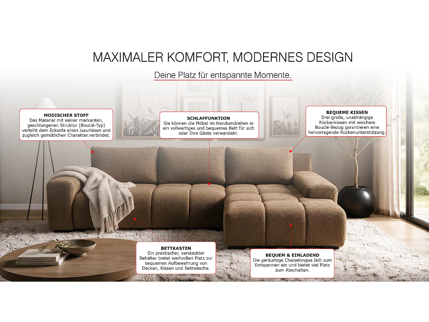 ECKSOFA Ovia mit Bettkasten und Schlaffunktion, Bouclé-Stoff in L-Form