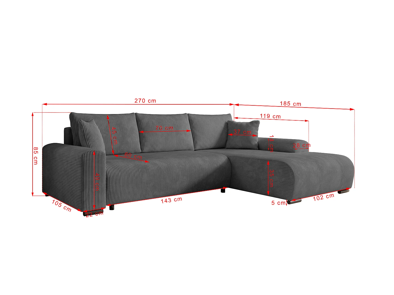 ECKSOFA Nelly mit Bettkasten und Schlaffunktion, Cordstoff in L-Form