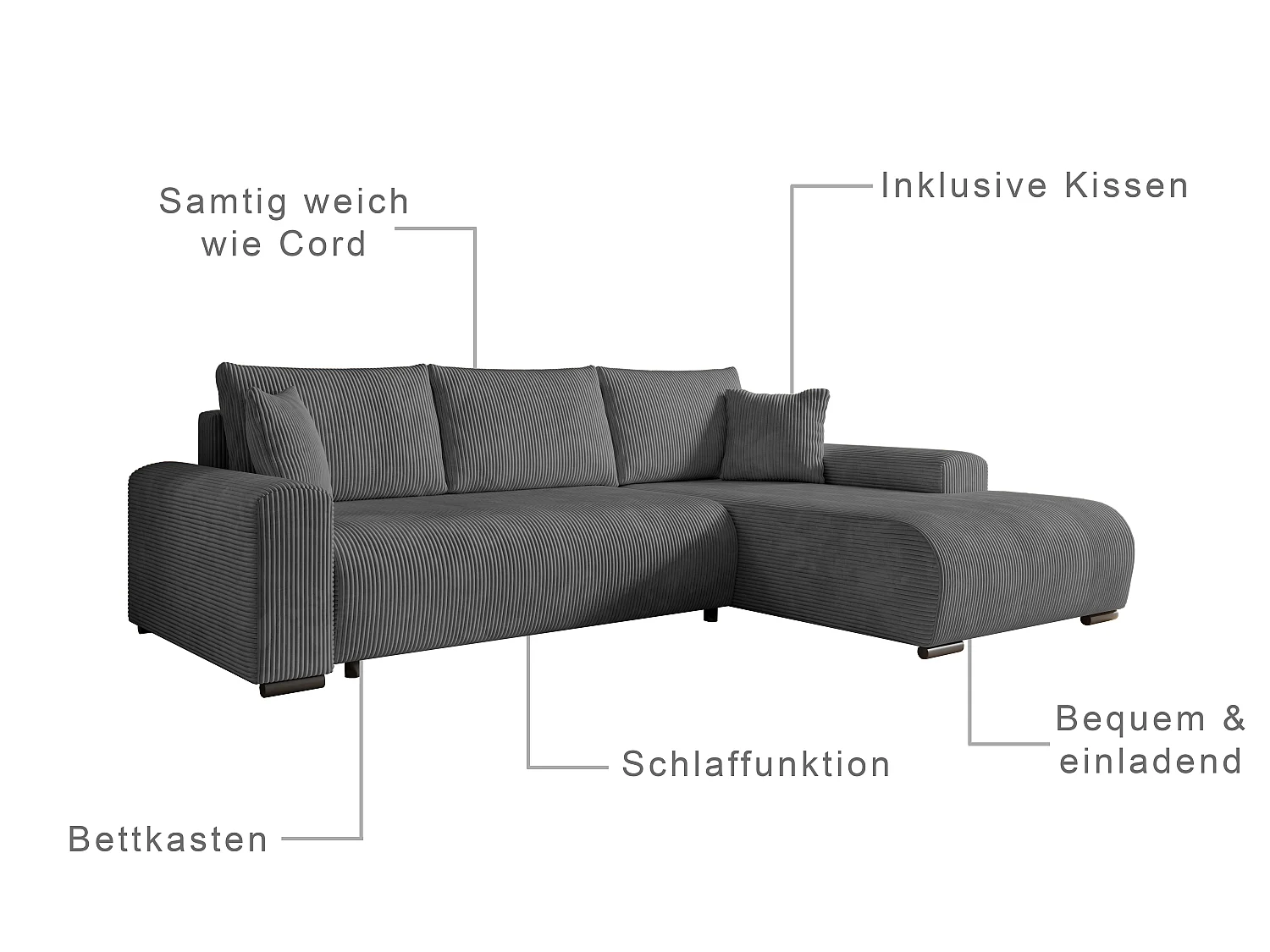 ECKSOFA Nelly mit Bettkasten und Schlaffunktion, Cordstoff in L-Form