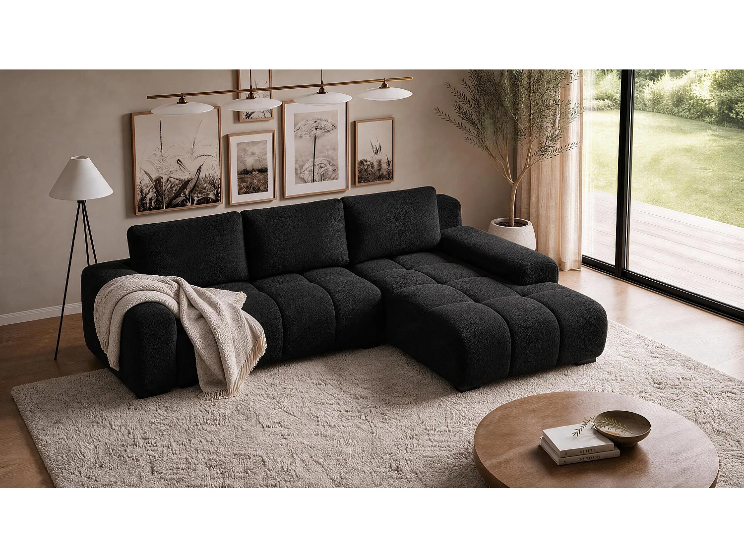 ECKSOFA Ovia mit Bettkasten und Schlaffunktion, Bouclé-Stoff in L-Form
