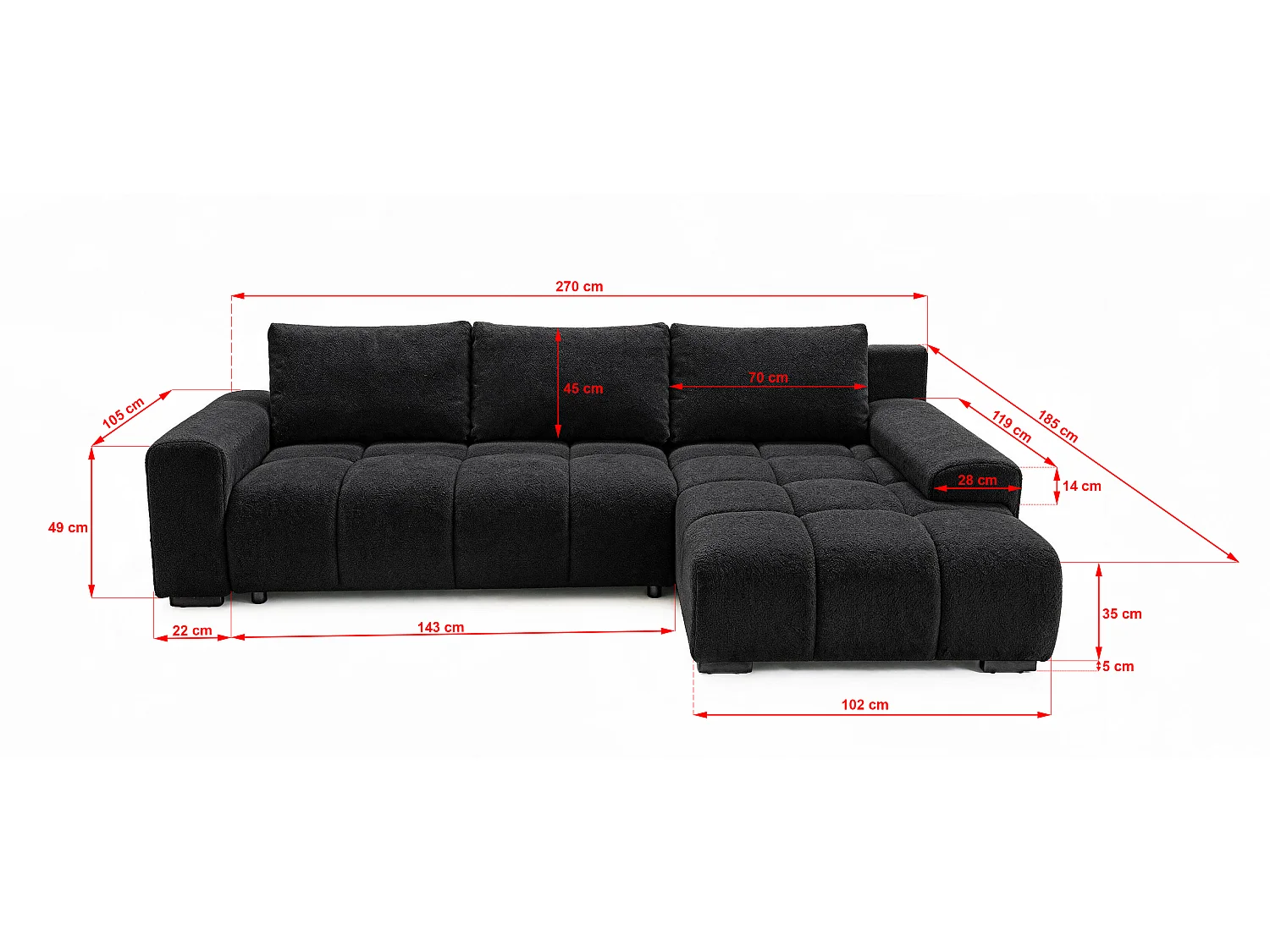 ECKSOFA Ovia mit Bettkasten und Schlaffunktion, Bouclé-Stoff in L-Form