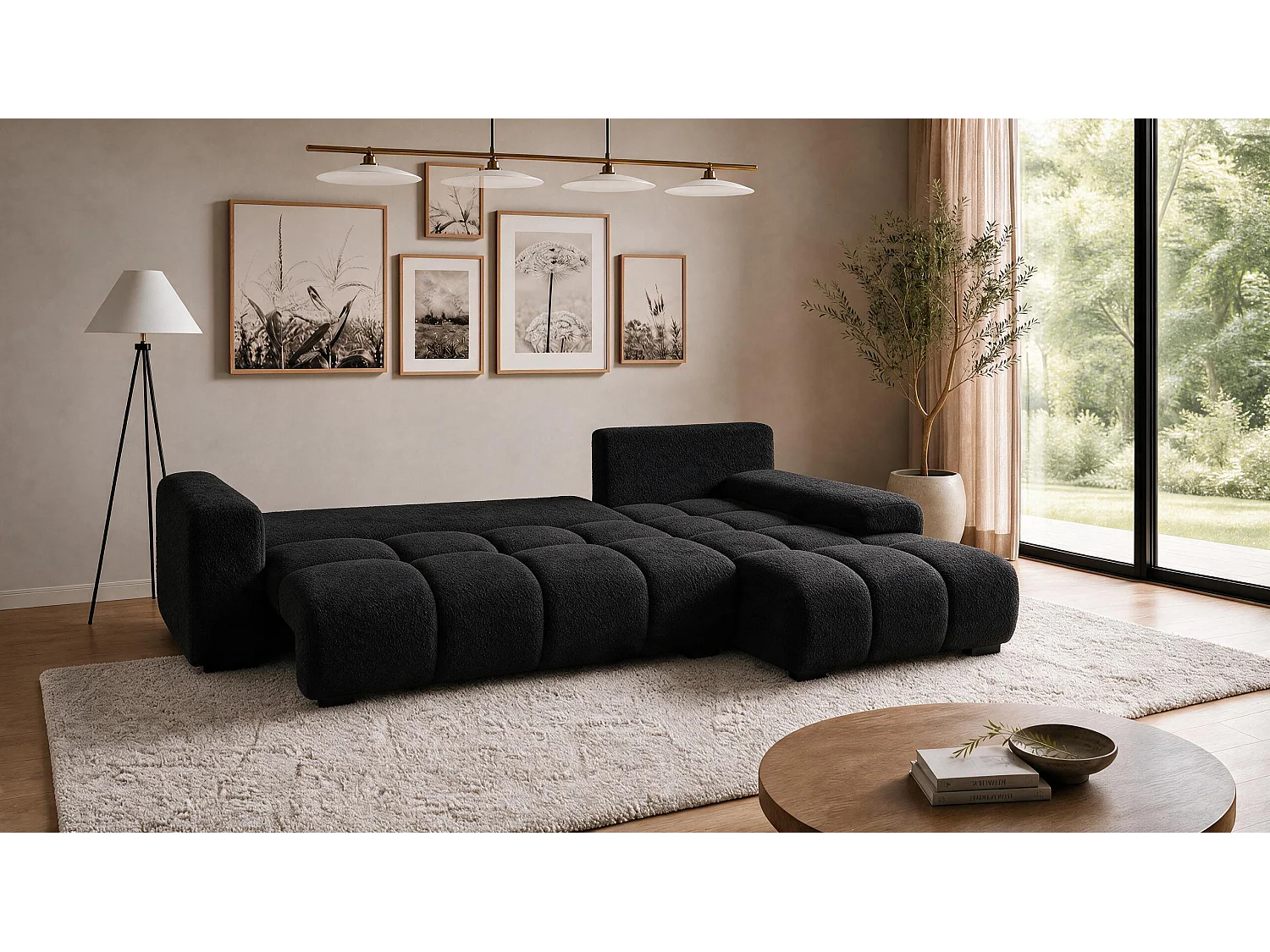 ECKSOFA Ovia mit Bettkasten und Schlaffunktion, Bouclé-Stoff in L-Form