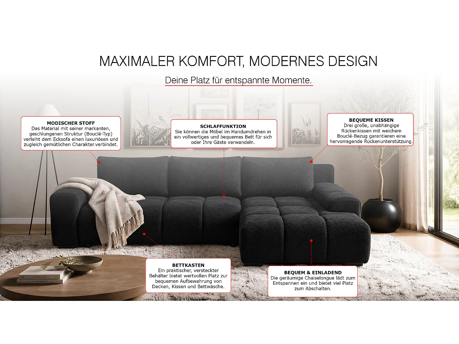 ECKSOFA Ovia mit Bettkasten und Schlaffunktion, Bouclé-Stoff in L-Form