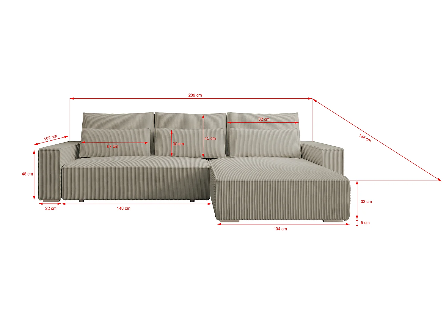 ECKSOFA Alice mit Bettkasten und Schlaffunktion, Cordstoff in L-Form