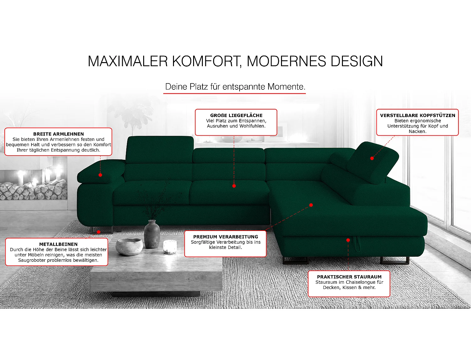 ECKSOFA Velmo mit Bettkasten und Schlaffunktion, verstellbaren Kopfstützen, in L-Form