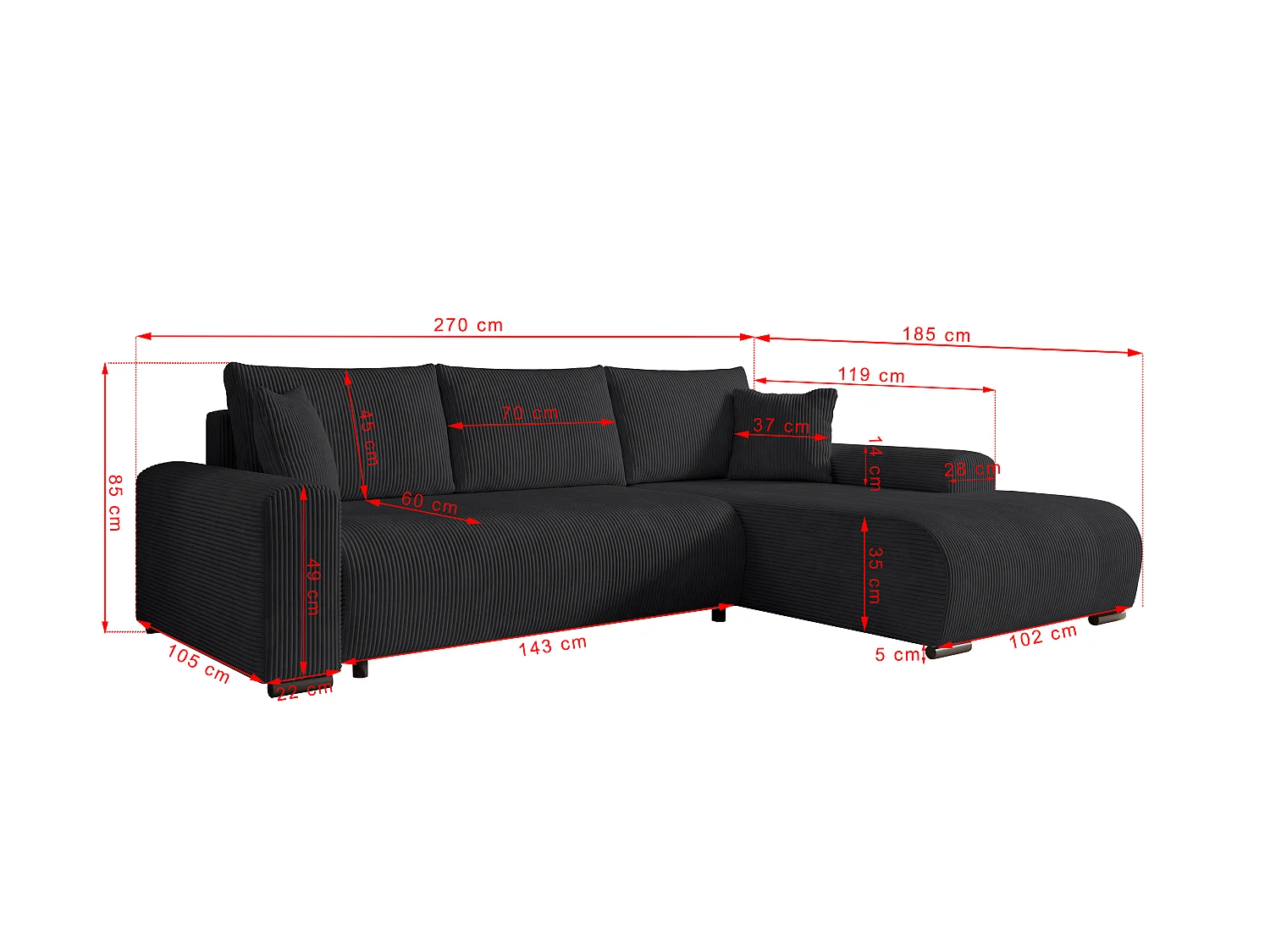 ECKSOFA Nelly mit Bettkasten und Schlaffunktion, Cordstoff in L-Form