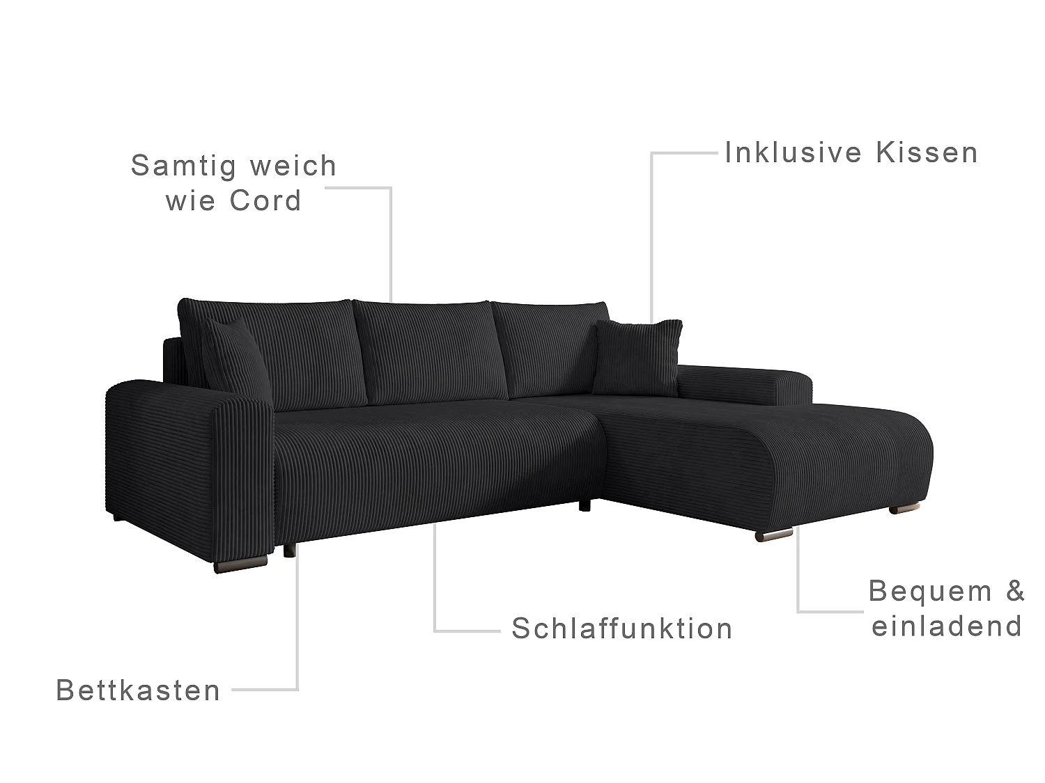 ECKSOFA Nelly mit Bettkasten und Schlaffunktion, Cordstoff in L-Form