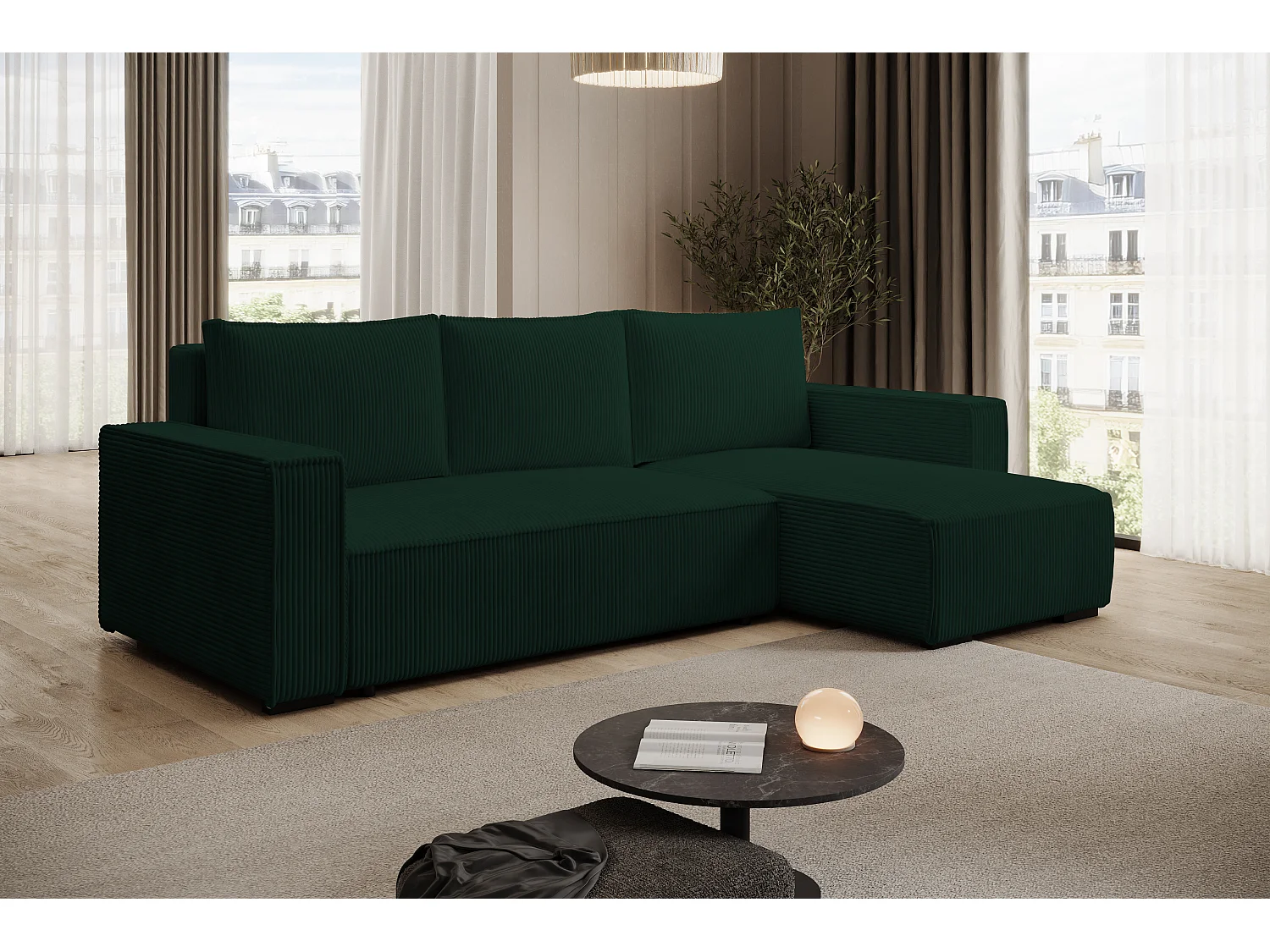 ECKSOFA CUDDY L, Eckcouch in L-Form mit Schlaffunktion und Bettkasten, Farbe: Grün, Cordstoff, Ottomane Rechts