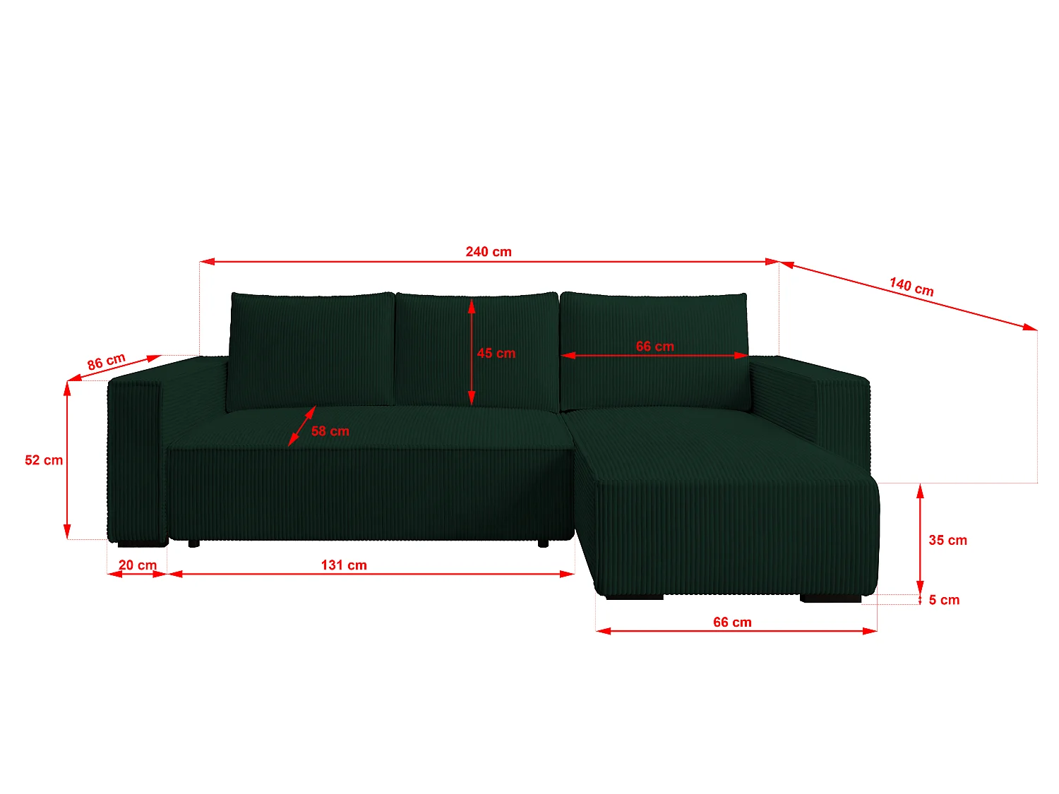 ECKSOFA CUDDY L, Eckcouch in L-Form mit Schlaffunktion und Bettkasten, Farbe: Grün, Cordstoff, Ottomane Rechts