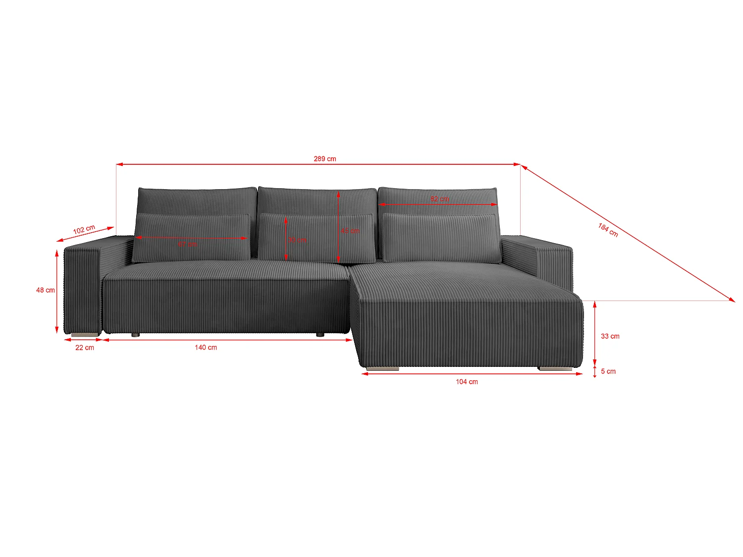ECKSOFA Alice mit Bettkasten und Schlaffunktion, Cordstoff in L-Form