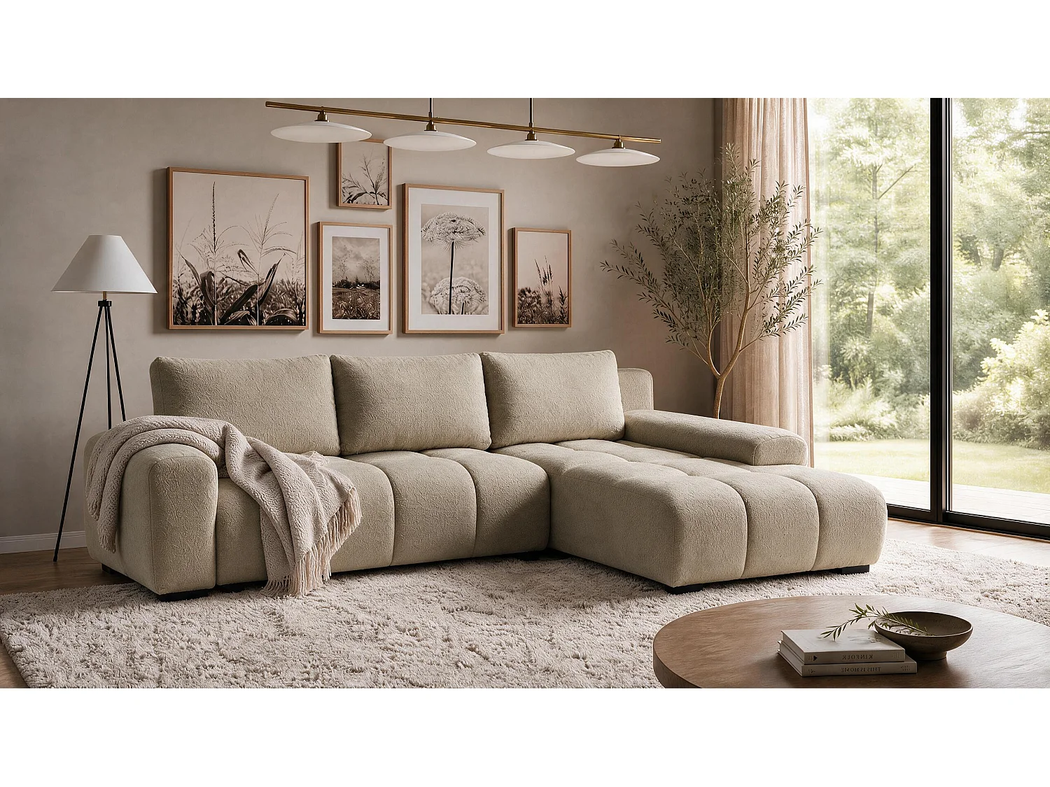 ECKSOFA Ovia mit Bettkasten und Schlaffunktion, Bouclé-Stoff in L-Form