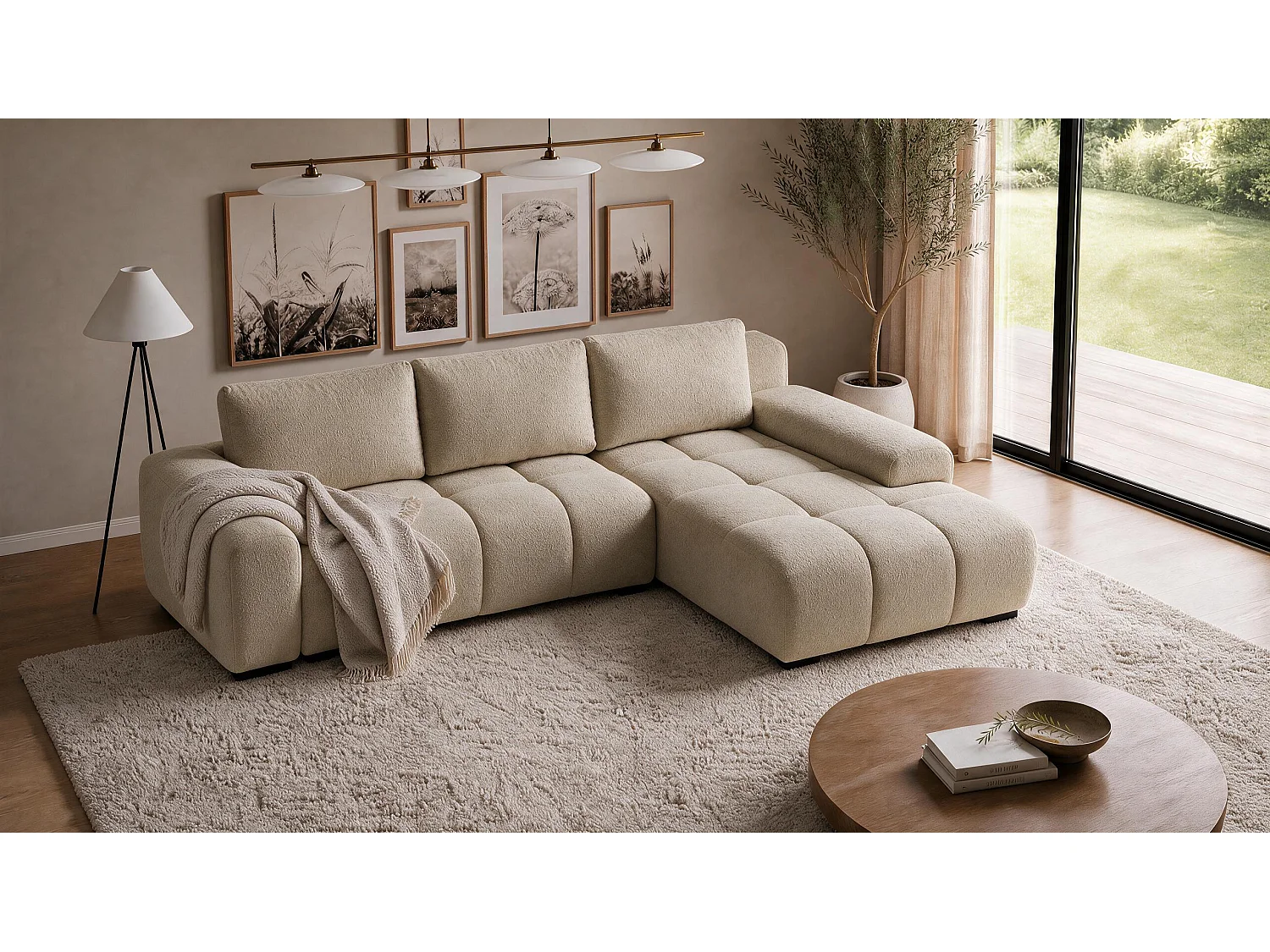ECKSOFA Ovia mit Bettkasten und Schlaffunktion, Bouclé-Stoff in L-Form