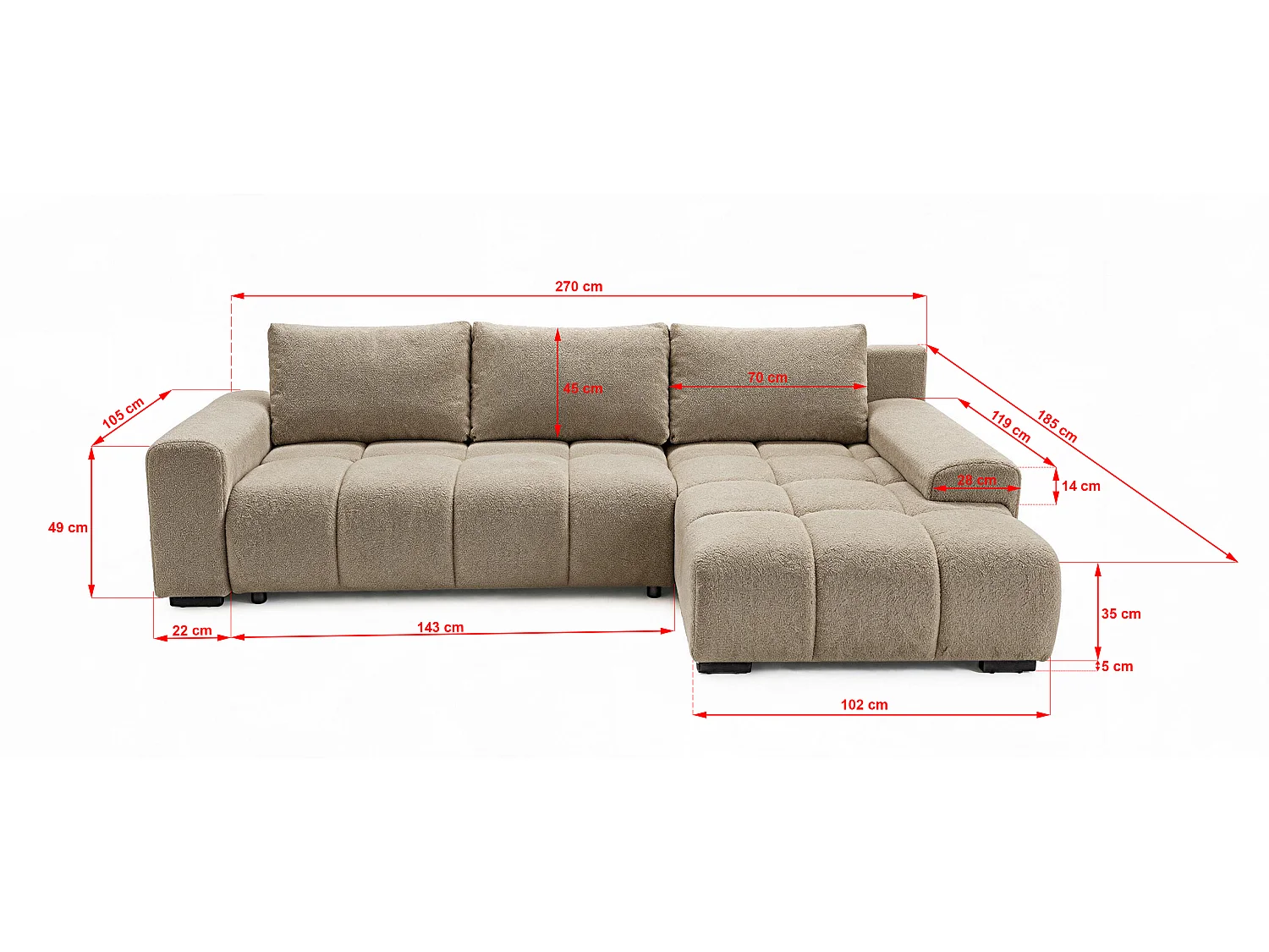 ECKSOFA Ovia mit Bettkasten und Schlaffunktion, Bouclé-Stoff in L-Form