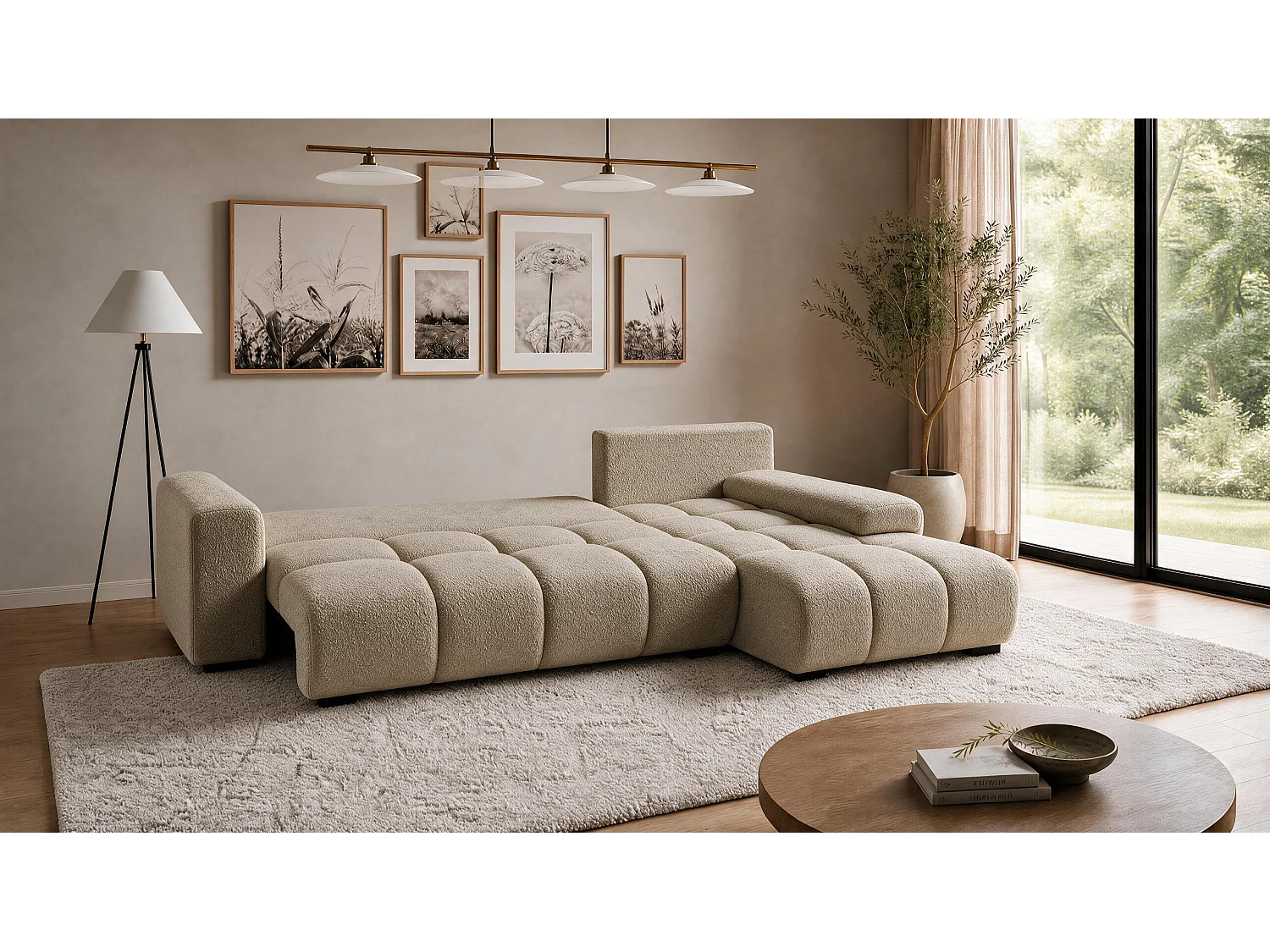 ECKSOFA Ovia mit Bettkasten und Schlaffunktion, Bouclé-Stoff in L-Form