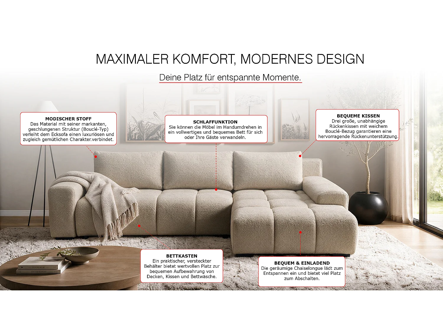 ECKSOFA Ovia mit Bettkasten und Schlaffunktion, Bouclé-Stoff in L-Form