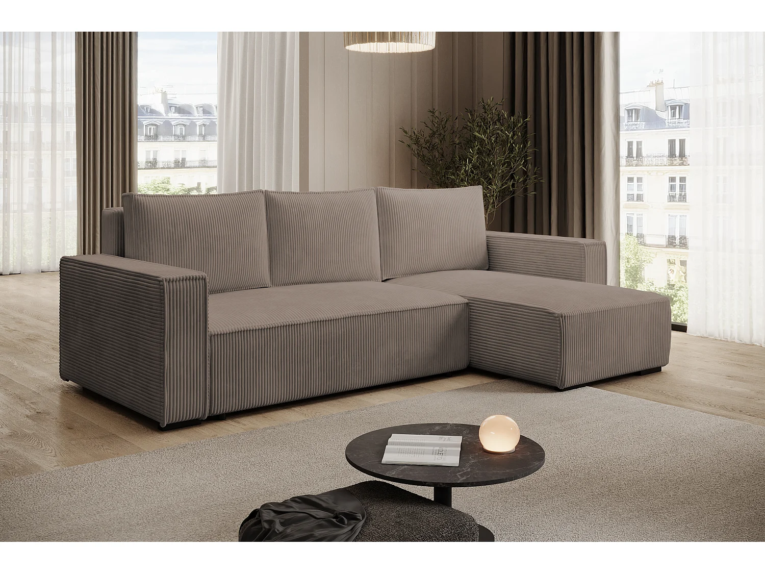 ECKSOFA CUDDY L, Eckcouch in L-Form mit Schlaffunktion und Bettkasten, Farbe: Braun, Cordstoff, Ottomane Rechts