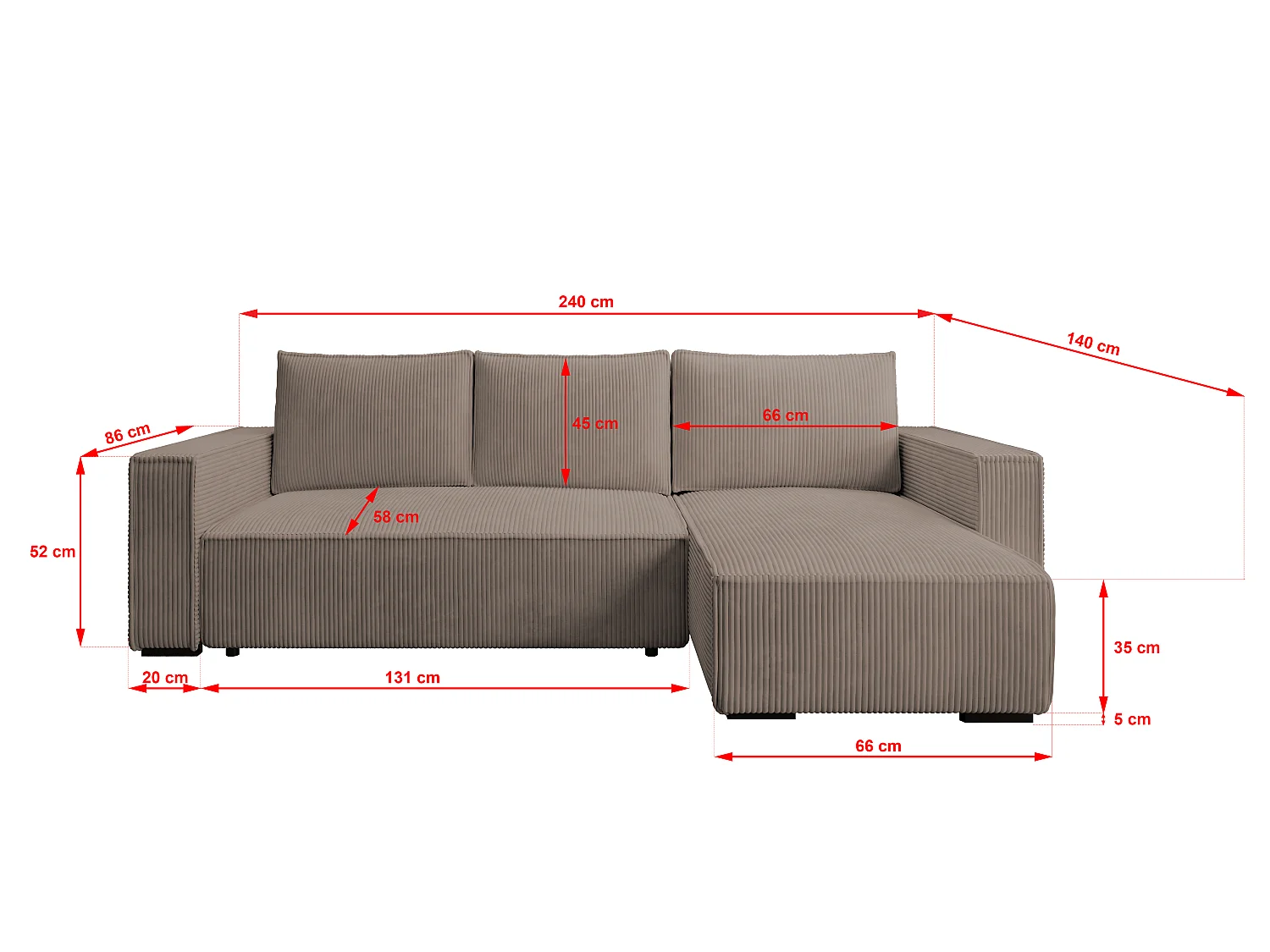 ECKSOFA CUDDY L, Eckcouch in L-Form mit Schlaffunktion und Bettkasten, Farbe: Braun, Cordstoff, Ottomane Rechts