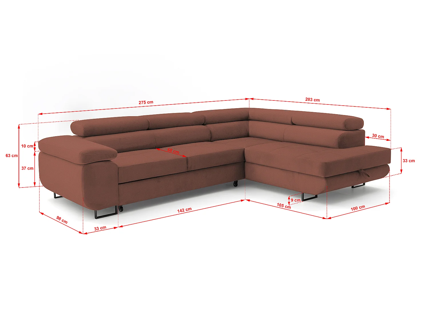 ECKSOFA Velmo mit Bettkasten und Schlaffunktion, verstellbaren Kopfstützen, in L-Form