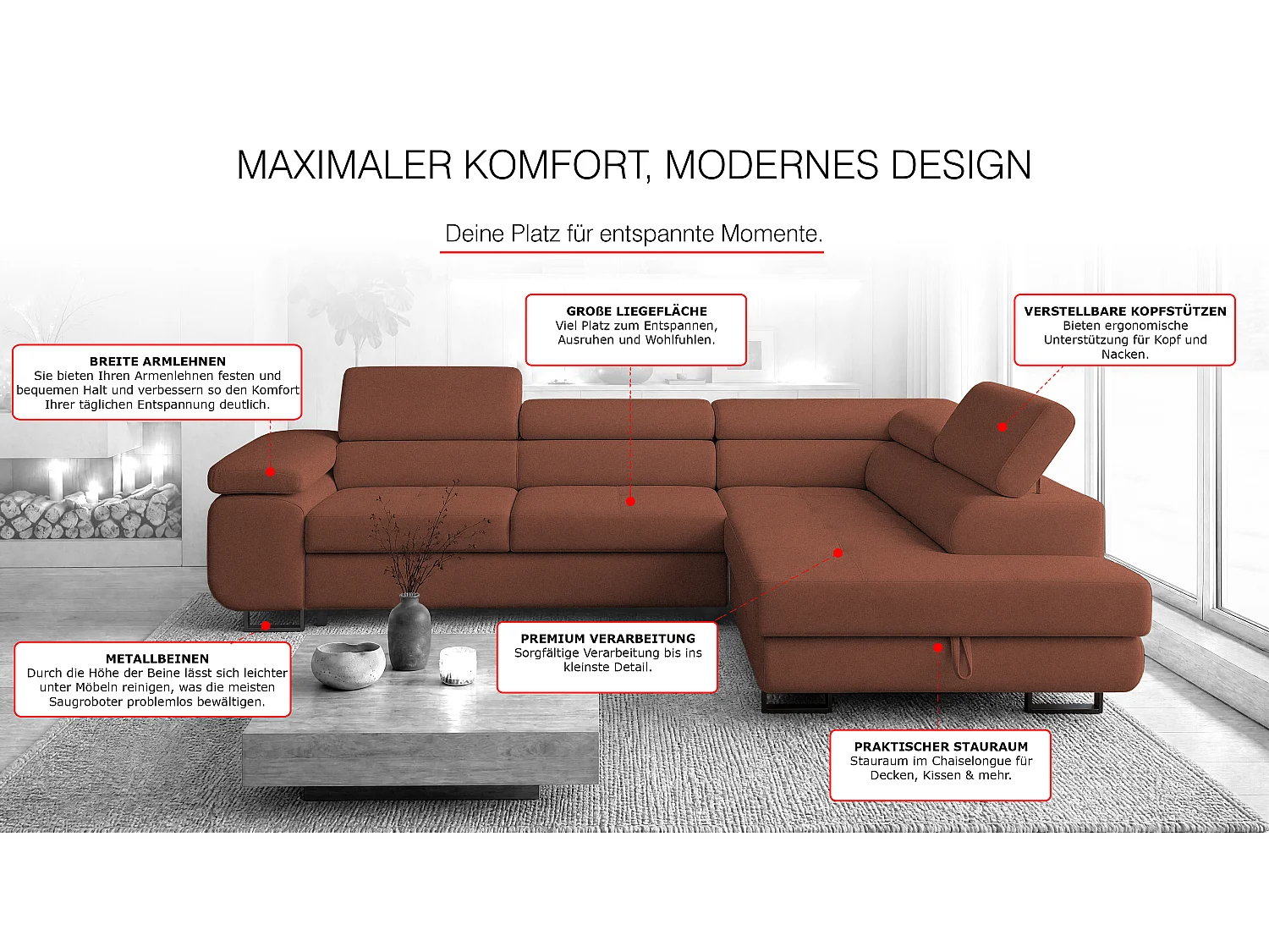 ECKSOFA Velmo mit Bettkasten und Schlaffunktion, verstellbaren Kopfstützen, in L-Form