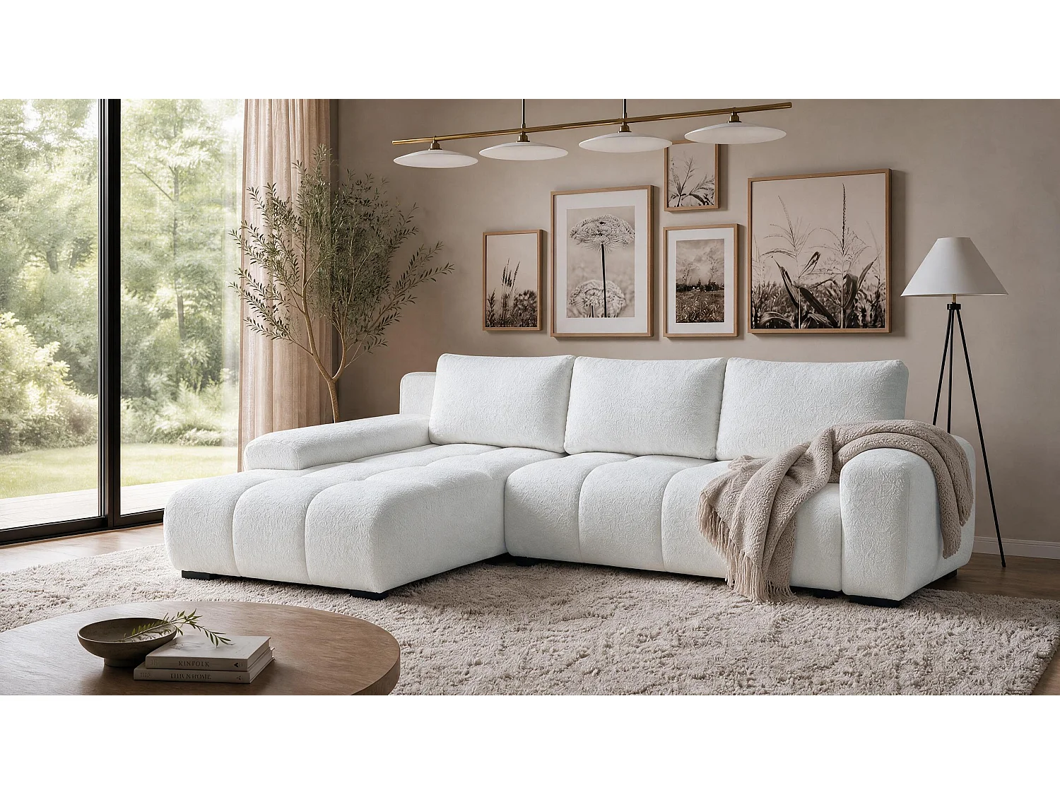 ECKSOFA Ovia mit Bettkasten und Schlaffunktion, Bouclé-Stoff in L-Form