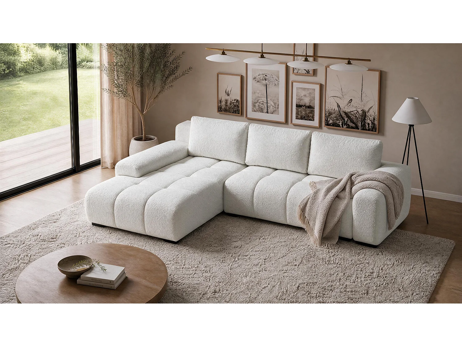 ECKSOFA Ovia mit Bettkasten und Schlaffunktion, Bouclé-Stoff in L-Form