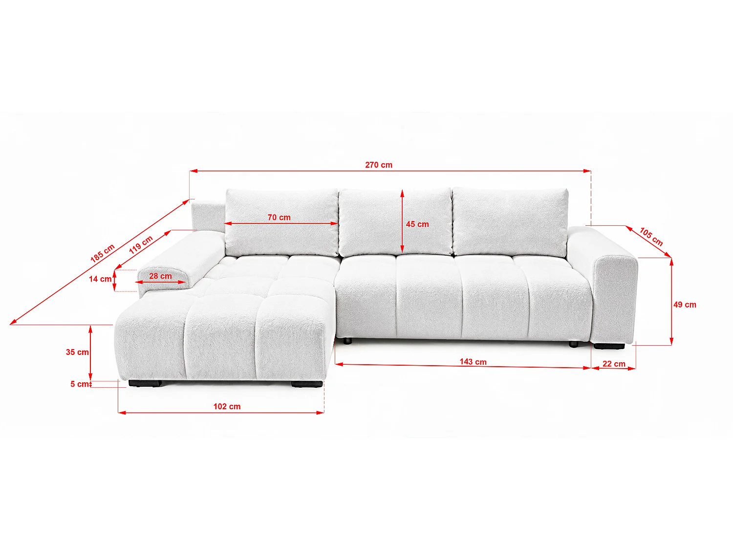 ECKSOFA Ovia mit Bettkasten und Schlaffunktion, Bouclé-Stoff in L-Form
