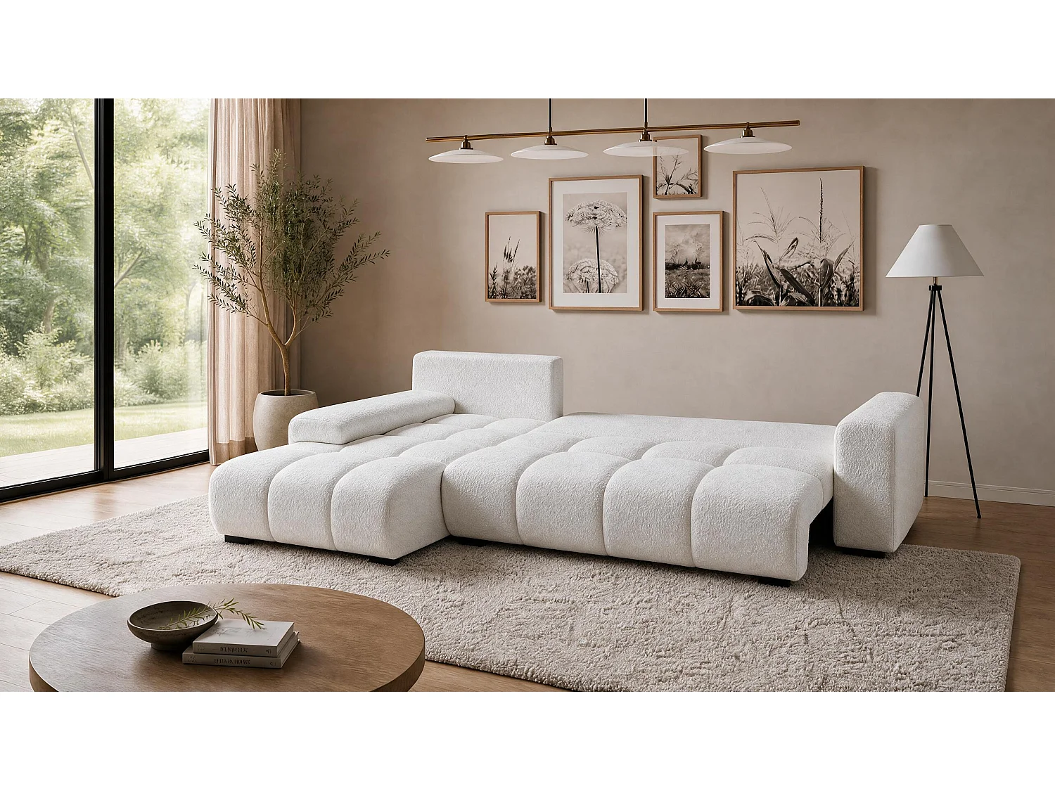 ECKSOFA Ovia mit Bettkasten und Schlaffunktion, Bouclé-Stoff in L-Form